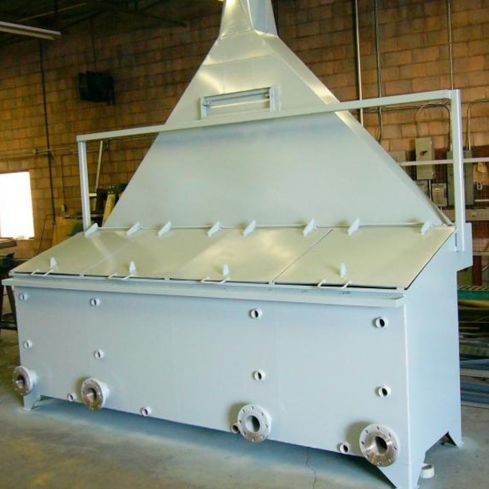 Pale grey process tank with hinged lids, flanged ports and pyramid exhaust hood in a workshop